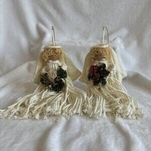 Vintage Handmade Angel Mop Ornaments Cream Color Beaded Harp Pine Cone Flowers 2